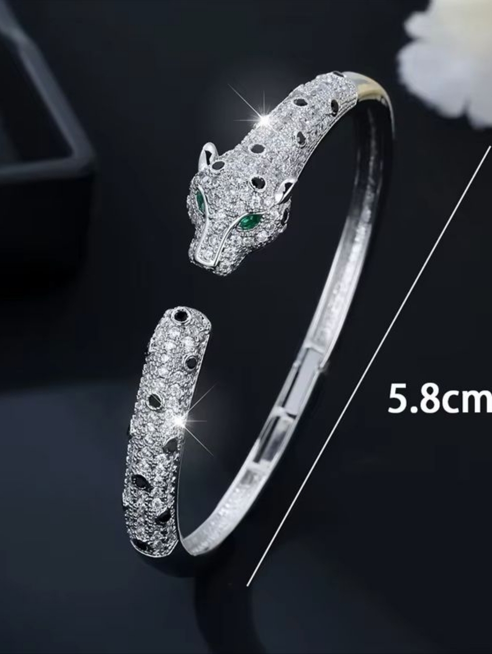 Silver Pavé Panther -Head Hinged Bracelet with Green Eyes - Picture 4 of 9